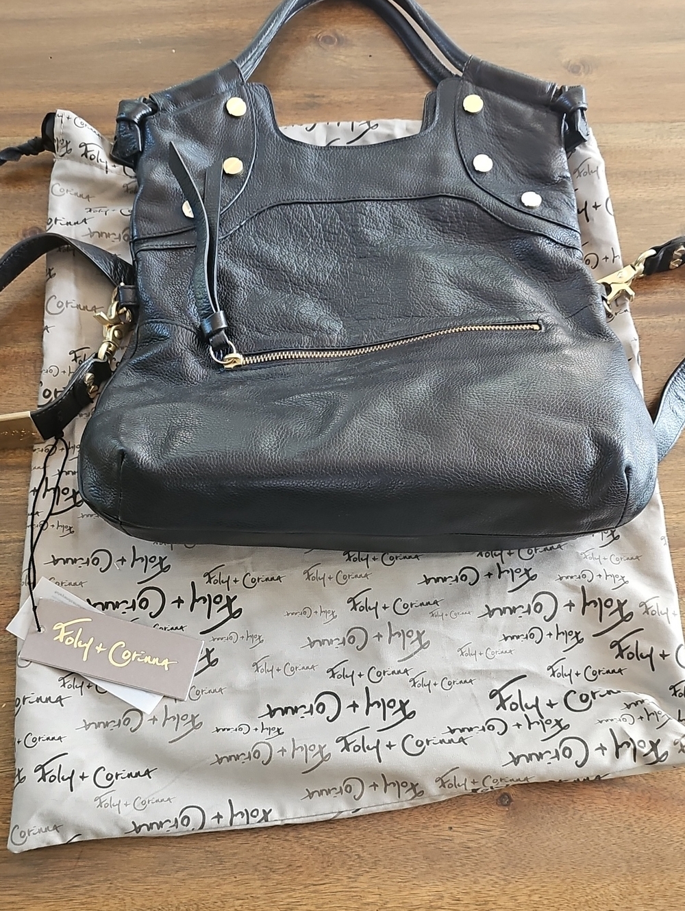 Foley + Corinna Black Pebbled Leather Shoulder Tote with Gold Hardware